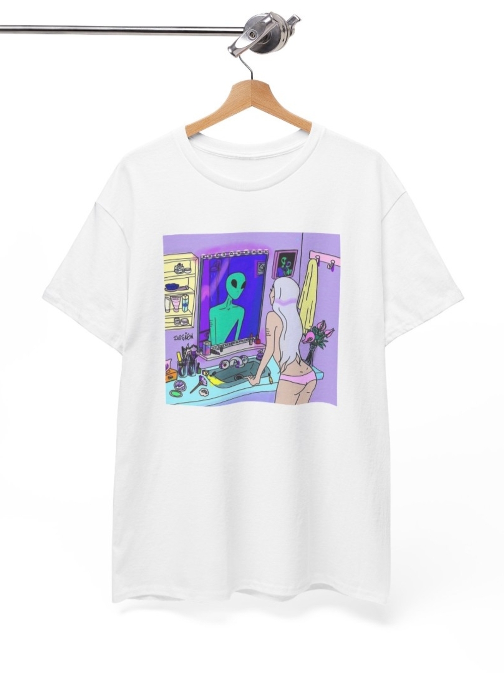 Gildan White Short Sleeve Tee with Neon Alien Mirror Graphic
